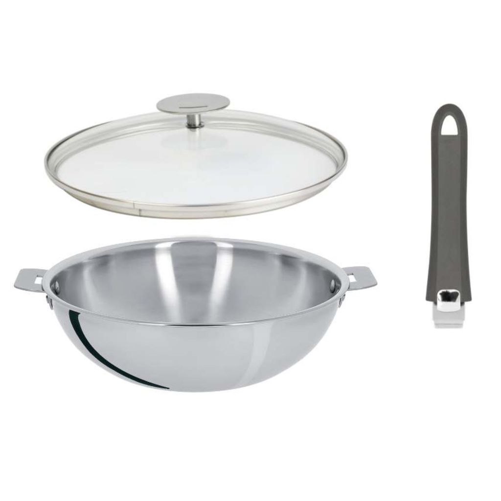 Wok inox Casteline 30cm + poignée Mutine 2.0 grise + couvercle Platine - Visuel 0